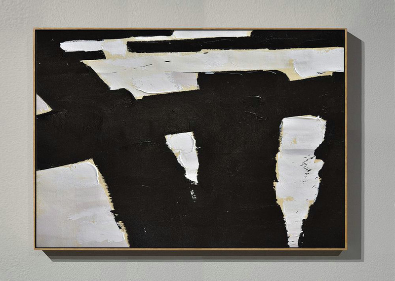 Horizontal Palette Knife Minimal Canvas Art Painting Black White Beige,Large Living Room Decor #N8G0